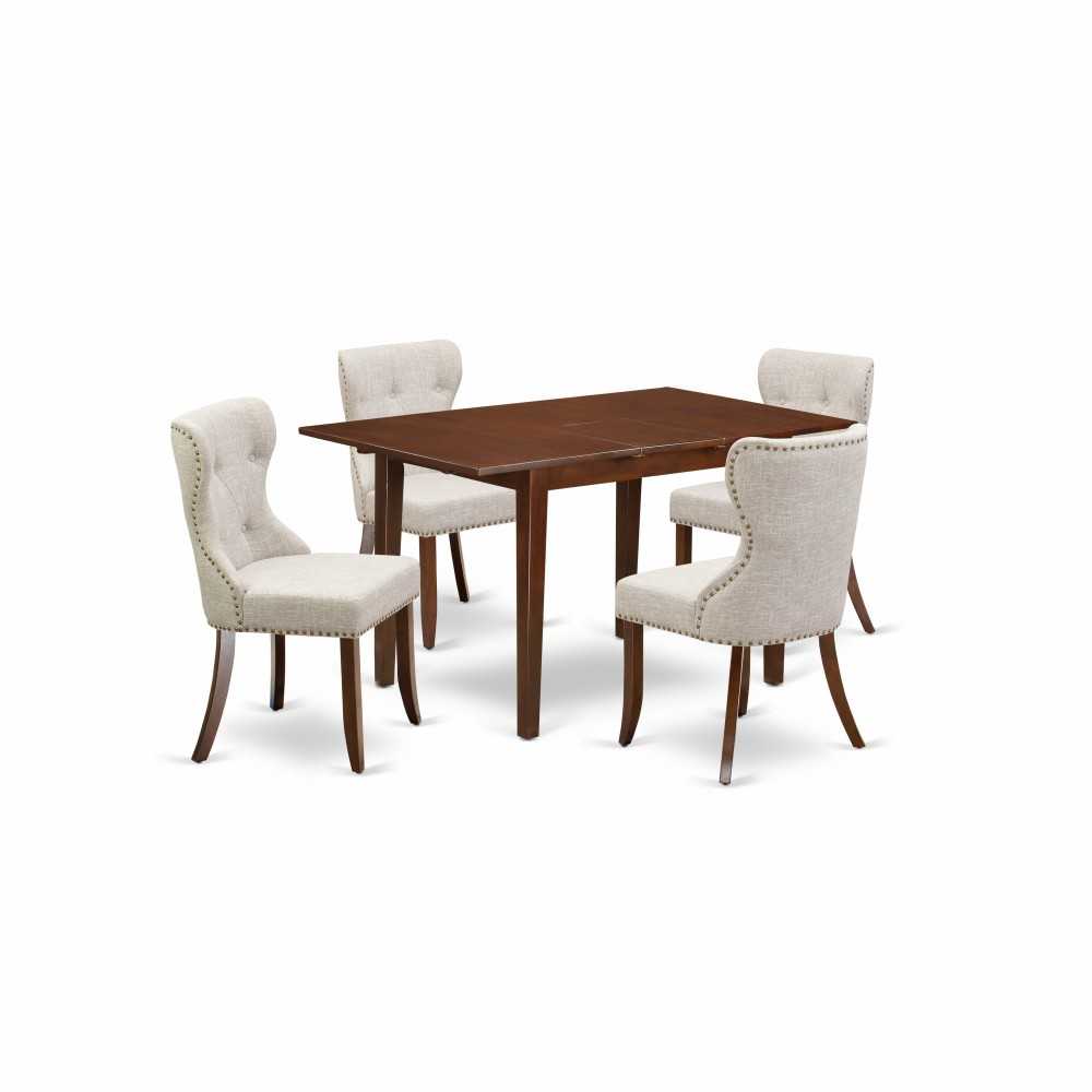 A Dining Set Of 4 Parson Chairs, Doeskin Color, 12" Butterfly Leaf Rectangle Table, Mahogany Finish