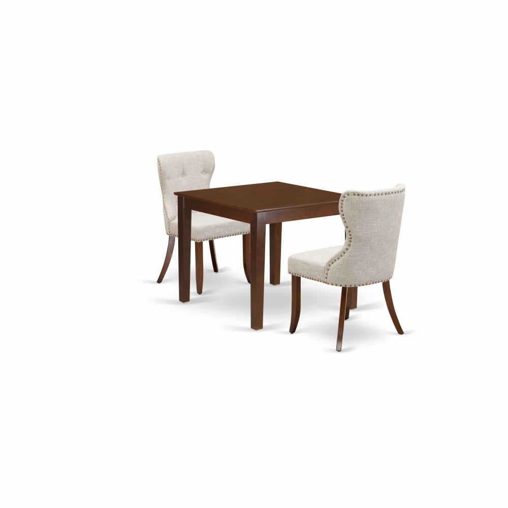 A Dining Set Of 2 Kitchen Chairs, Doeskin Color, Beautiful Wood Table In Mahogany Finish