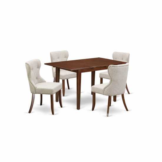 A Kitchen Set Of 4 Chairs Using Doeskin Color, 12" Butterfly Leaf Rectangle Table In Mahogany Finish