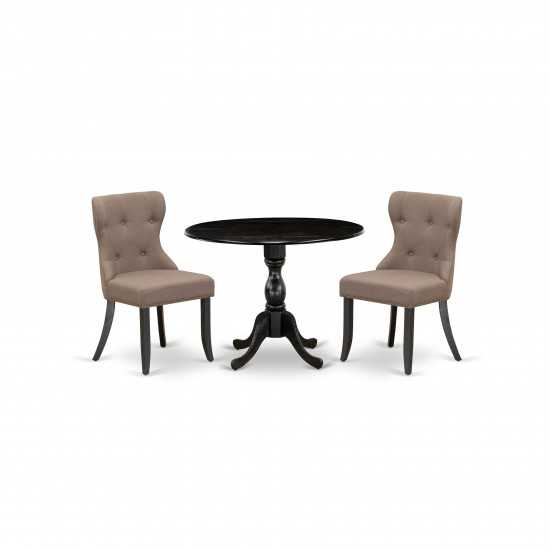 3Pc Dining Set, 1 Drop Leaves Dining Table, 2 Coffee Chair Back, Nail Heads, Wire Brushed Black Finish