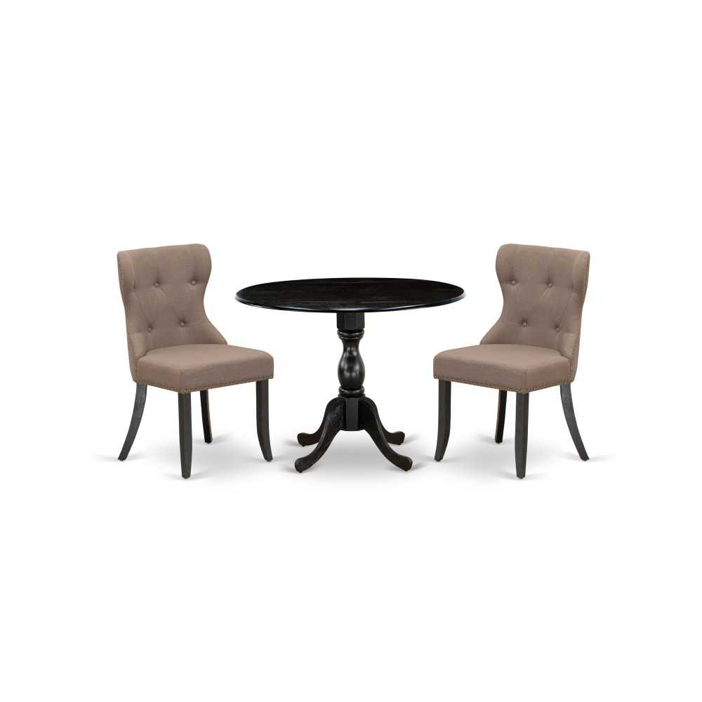 3Pc Dining Set, 1 Drop Leaves Dining Table, 2 Coffee Chair Back, Nail Heads, Wire Brushed Black Finish