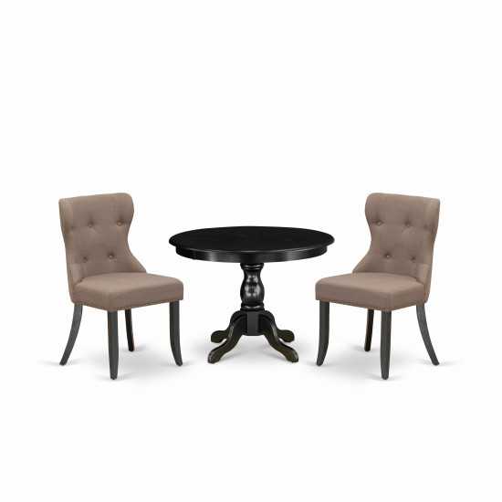 3Pc Dining Set, Black Wood Table, 2 Coffee Chairs Back, Nail Heads, Wire Brushed Black Finish