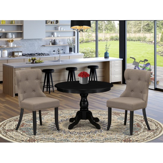 3Pc Dining Set, Black Wood Table, 2 Coffee Chairs Back, Nail Heads, Wire Brushed Black Finish