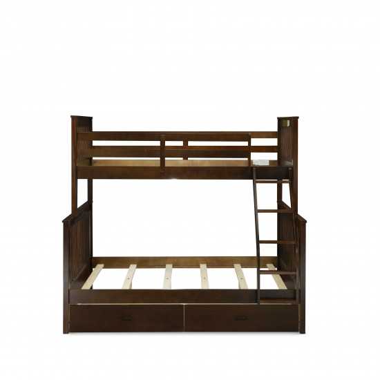 Twin Bed, Two Split Beds, The Both Beds Secure Due To Guard Rails, Walnut Finish