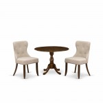 3Pc Dining Set, 1 Drop Leaves Wooden Table, 2 Light Tan Chairs Back White Nail Heads, Acacia Walnut Finish