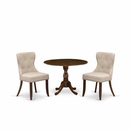 3Pc Dining Set, 1 Drop Leaves Wooden Table, 2 Light Tan Chairs Back White Nail Heads, Acacia Walnut Finish