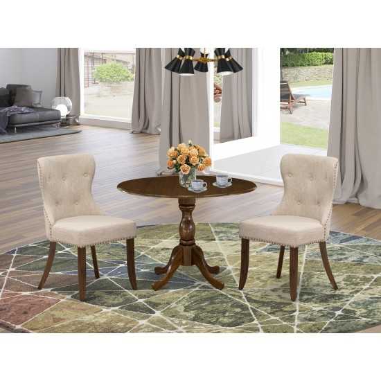 3Pc Dining Set, 1 Drop Leaves Wooden Table, 2 Light Tan Chairs Back White Nail Heads, Acacia Walnut Finish