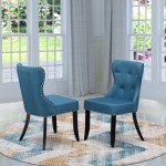 Set Of 2, Dining Chairs, Black Wood Structure, Blue Seat, Button Tufted Back