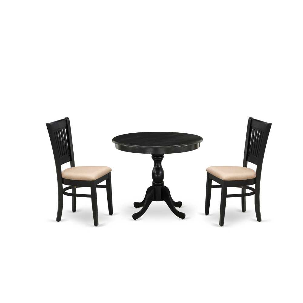 3Pc Dining Set2 Wood Chair, Room Table Seat, Slatted Chair Back Black Finish