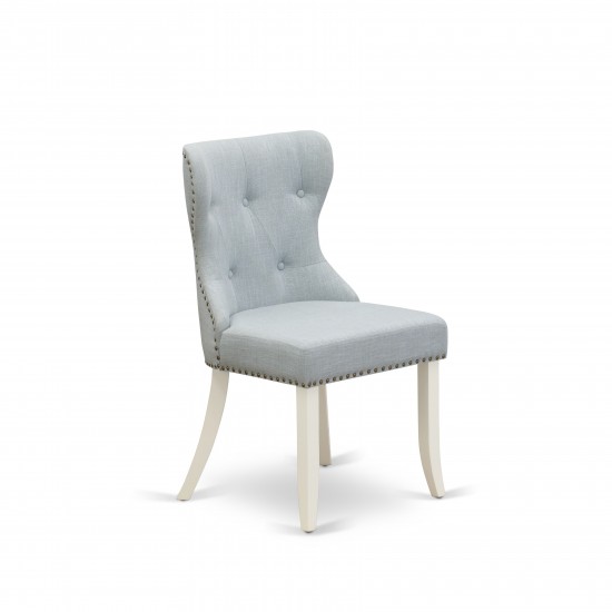 Set Of 2, Parson Chairs- Dining Chair, Linen White Solid Wood Structure, Baby Blue Seat, Nail Head, Back