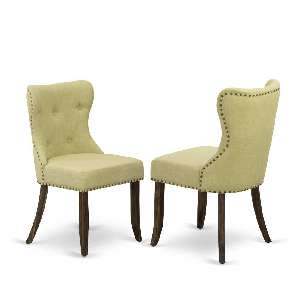 Set Of 2, Parsons Chair- Upholstered Chair, Distressed Jacobean Wooden Structure, Limelight Seat, Nail Head, Back