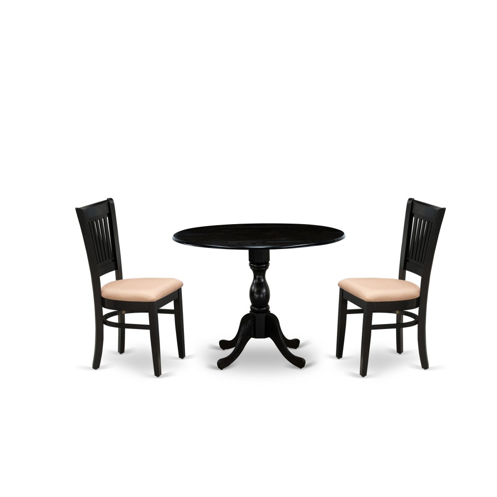 3Pc Dining Set2 Chairs, Seat, Slatted Chair Back Drop Leaves Table Black Finish