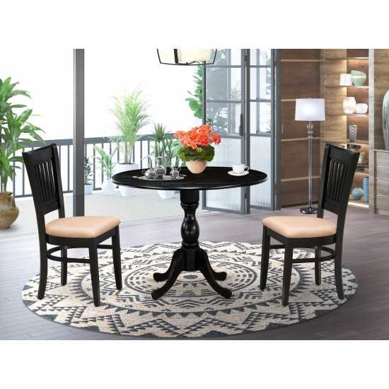 3Pc Dining Set2 Chairs, Seat, Slatted Chair Back Drop Leaves Table Black Finish