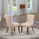 Set Of 2, Wood Chairs- Upholstered Dining Chairs, Antique Walnut Hardwood Frame, Light Tan Seat, Nail Head, Back