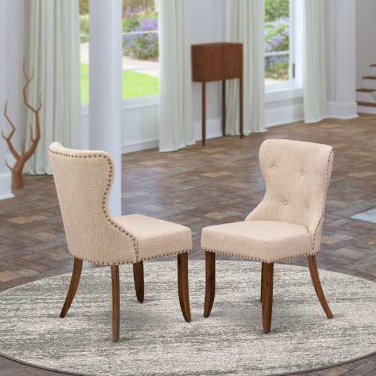 Set Of 2, Wood Chairs- Upholstered Dining Chairs, Antique Walnut Hardwood Frame, Light Tan Seat, Nail Head, Back