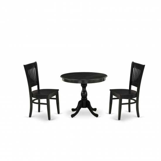 3-Pc Dinette Set2 Dining Chair, Table Wooden Seat, Slatted Chair Back Black Finish