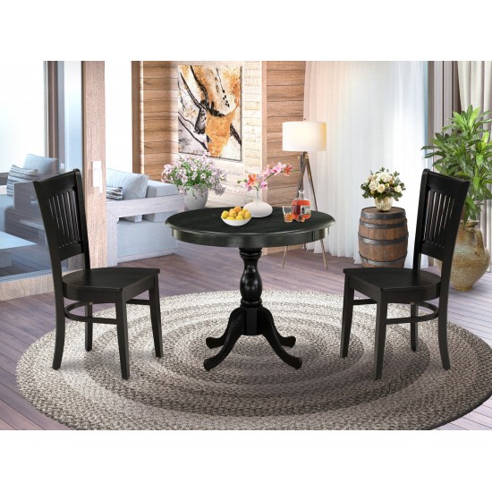 3-Pc Dinette Set2 Dining Chair, Table Wooden Seat, Slatted Chair Back Black Finish