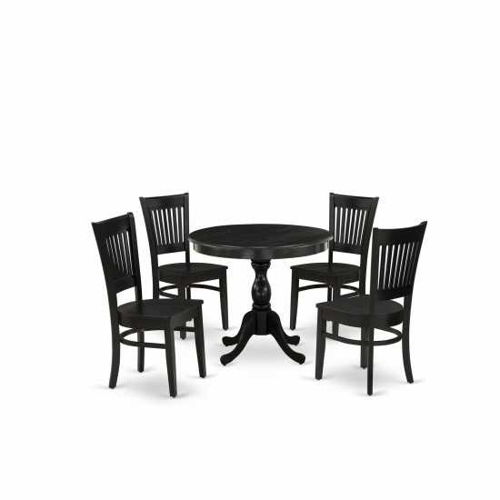 5Pc Kitchen Dining Set4 Dining Chair, Round Table Wooden Seat, Slatted Chair Back Black Finish