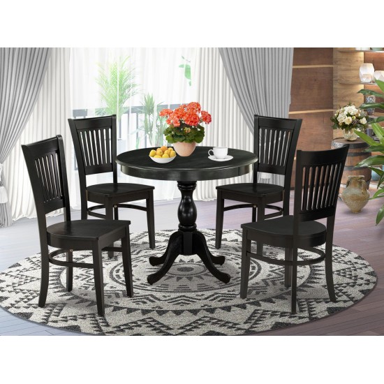 5Pc Kitchen Dining Set4 Dining Chair, Round Table Wooden Seat, Slatted Chair Back Black Finish