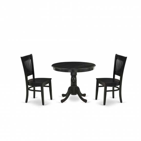 3Pc Dining Set2 Kitchen Chair, Table Wooden Seat, Slatted Chair Back Black Finish