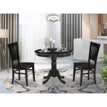 3Pc Dining Set2 Kitchen Chair, Table Wooden Seat, Slatted Chair Back Black Finish