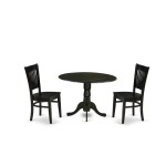 3Pc Kitchen Set2 Chair, Wooden Seat, Slatted Chair Back Drop Leaves Breakfast Table Black Finish