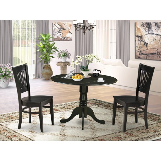 3Pc Kitchen Set2 Chair, Wooden Seat, Slatted Chair Back Drop Leaves Breakfast Table Black Finish