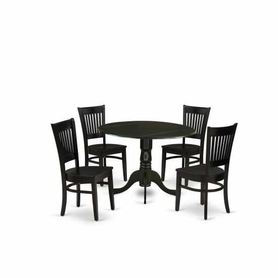 5Pc Dinette Set4 Dining Chair, Wooden Seat, Slatted Chair Back Drop Leaves Table Black Finish