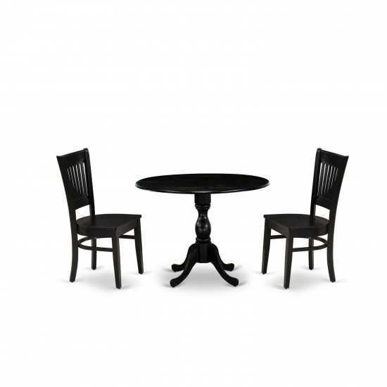 3-Pc Kitchen Dining Set2 Chair, Wooden Seat, Slatted Chair Back Drop Leaves Table Black Finish