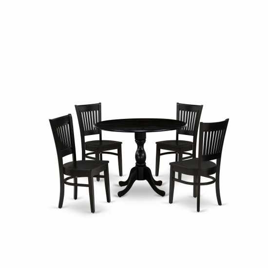 5Pc Kitchen Dining Set4 Wooden Chair, Wooden Seat, Slatted Chair Back Drop Leaves Round Table Black Finish