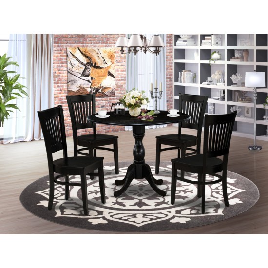 5Pc Kitchen Dining Set4 Wooden Chair, Wooden Seat, Slatted Chair Back Drop Leaves Round Table Black Finish