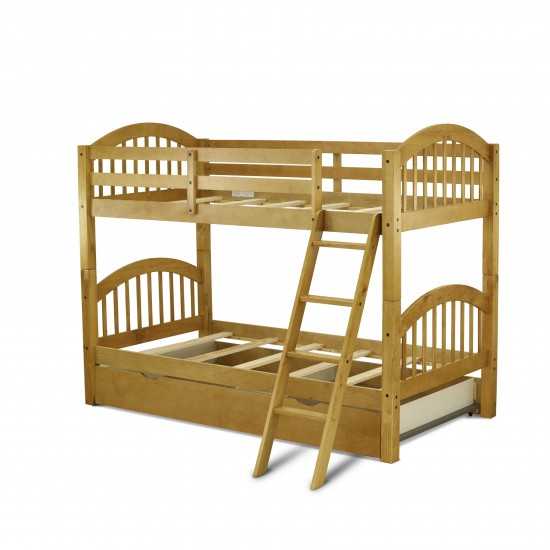 Verona Twin Bunk Bed In Natural Oak Finish With Convertible Trundle & Drawer