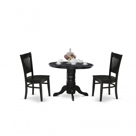 3Pc Dining Set2 Chair, Table Wooden Seat, Slatted Chair Back Black Finish