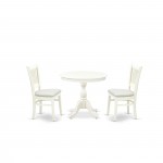 3Pc Dinette Set2 Dining Chair, Round Table Seat, Slatted Chair Back Linen White Finish