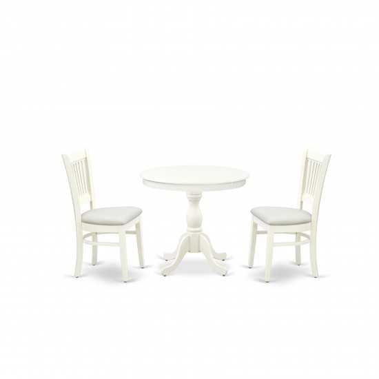 3Pc Dinette Set2 Dining Chair, Round Table Seat, Slatted Chair Back Linen White Finish