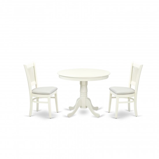 3Pc Dining Set2 Wooden Chairs, Round Table Seat, Slatted Chair Back Linen White Finish