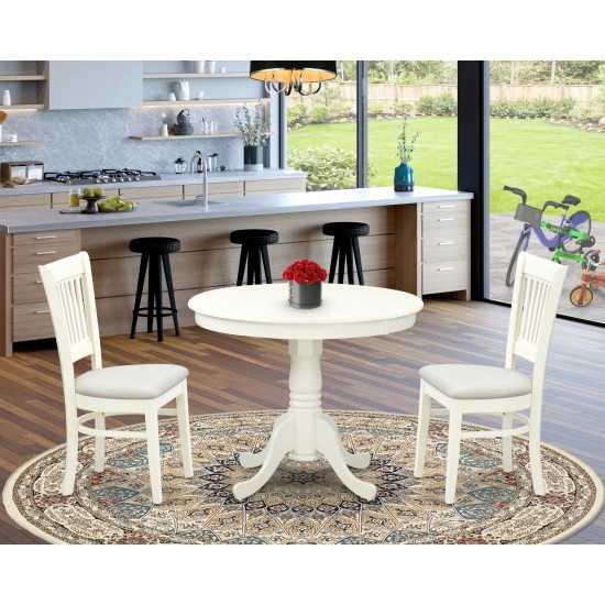 3Pc Dining Set2 Wooden Chairs, Round Table Seat, Slatted Chair Back Linen White Finish