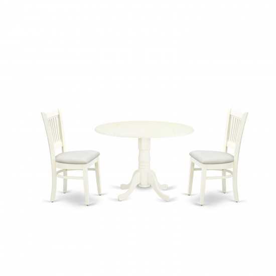 3Pc Dinette Set2 Dining Chairs, Wooden, Slatted Chair Back Drop Leaves Wooden Table Linen White Finish