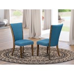 Set Of 2, Upholstered Dining Chair, Distressed Jacobean Wood Frame, Blue Seat