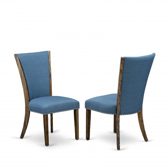 Set Of 2, Upholstered Dining Chair, Distressed Jacobean Wood Frame, Blue Seat