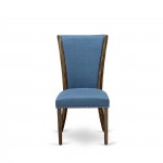 Set Of 2, Upholstered Dining Chair, Distressed Jacobean Wood Frame, Blue Seat