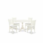 5Pc Dining Set4 Dining Chair, Seat, Slatted Chair Back Drop Leaves Round Table Linen White Finish