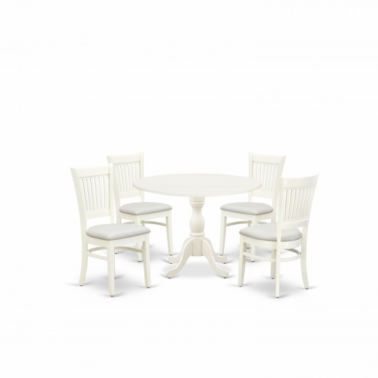 5Pc Dining Set4 Dining Chair, Seat, Slatted Chair Back Drop Leaves Round Table Linen White Finish