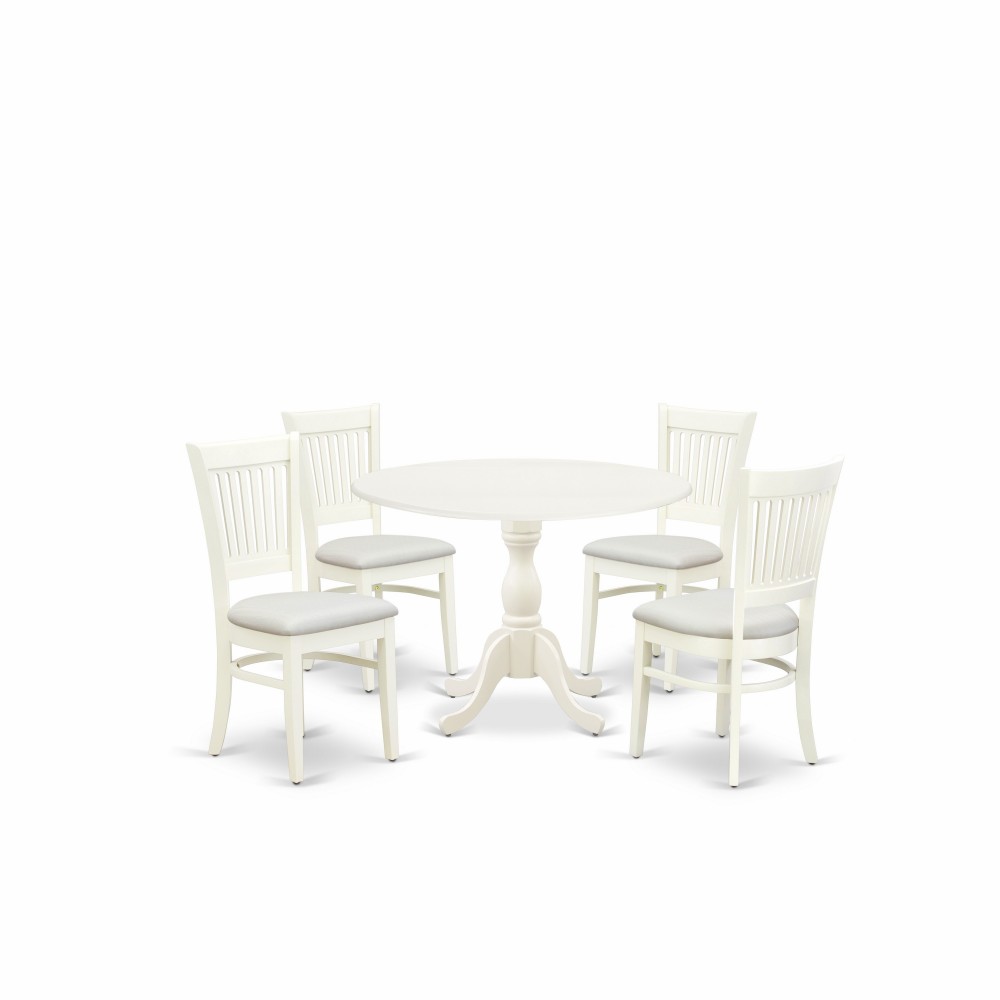 5Pc Dining Set4 Dining Chair, Seat, Slatted Chair Back Drop Leaves Round Table Linen White Finish