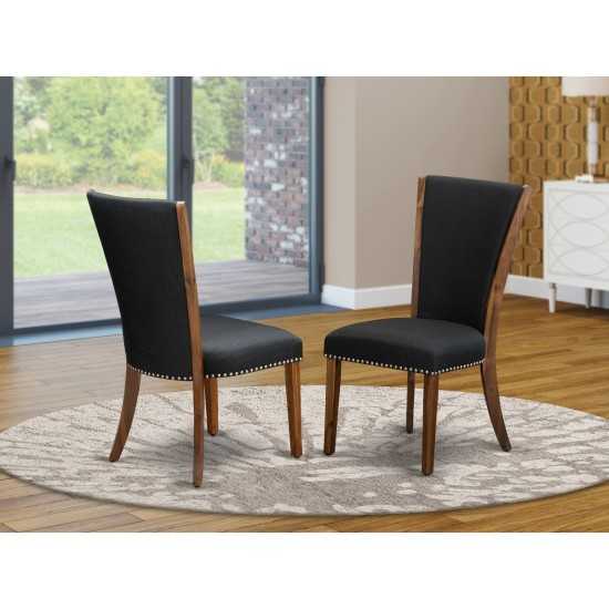 Set Of 2, Dinner Chairs, Antique Walnut Wooden Frame, Black Seat