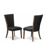 Set Of 2, Dinner Chairs, Antique Walnut Wooden Frame, Black Seat