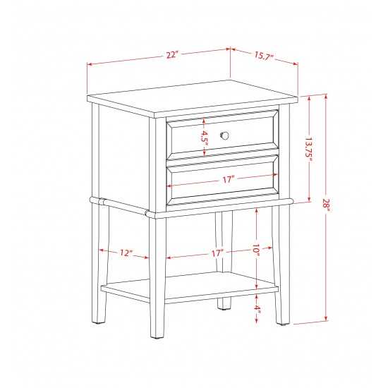 Small Night Stand, 2 Wooden Drawers, Wire Brushed Butter Cream Finish