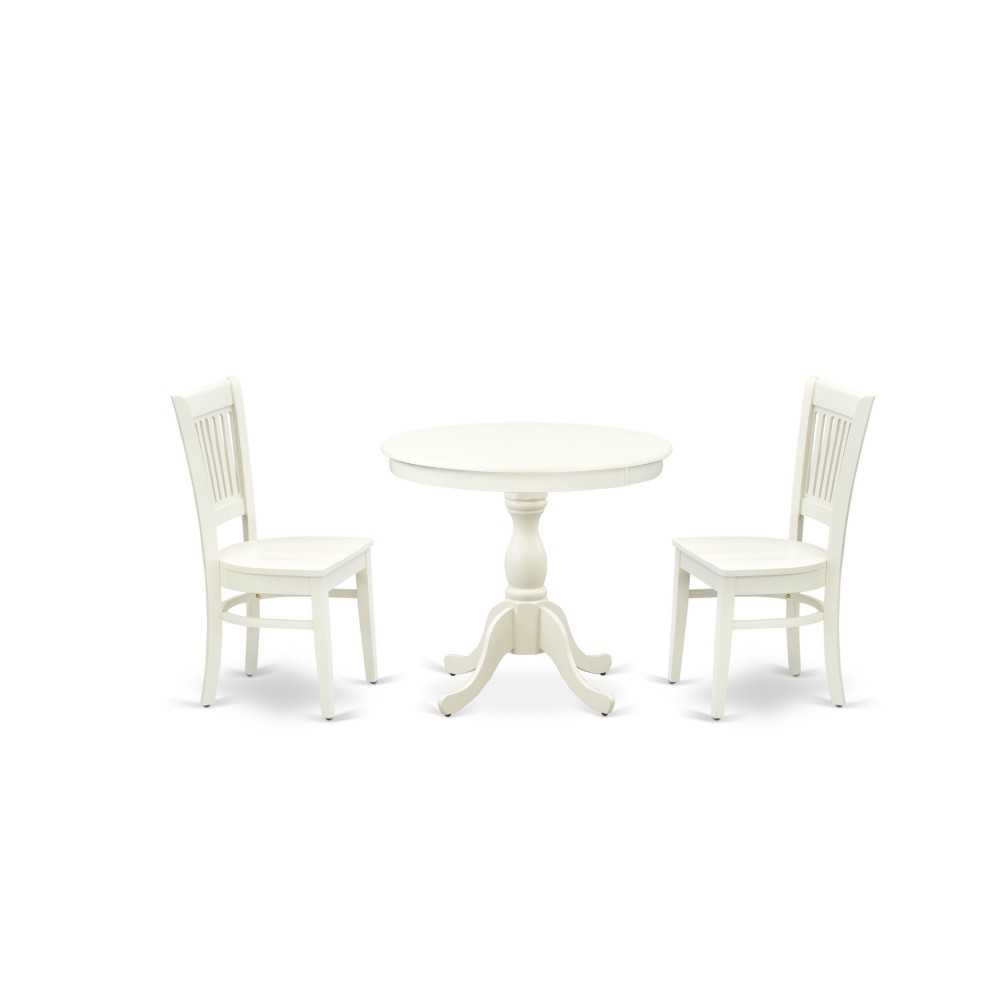 3Pc Dining Set2 Dining Chair, Breakfast Table Wooden Seat, Slatted Chair Back Linen White Finish