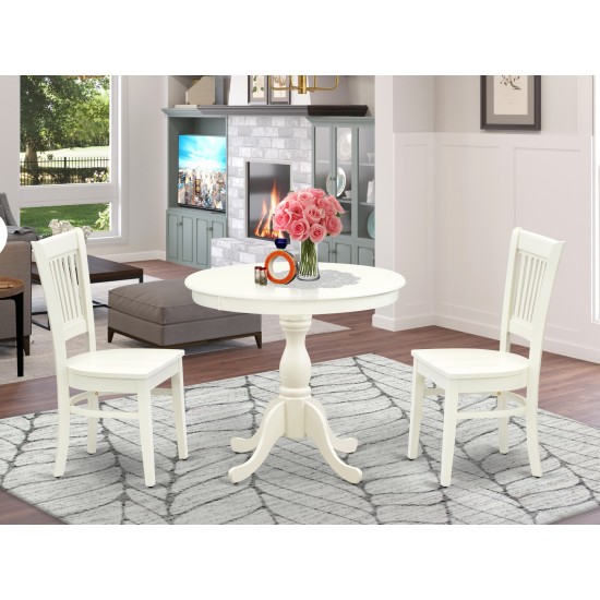 3Pc Dining Set2 Dining Chair, Breakfast Table Wooden Seat, Slatted Chair Back Linen White Finish