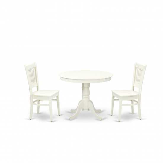 3Pc Kitchen Dining Set2 Dining Chairs, Table Wooden Seat, Slatted Chair Back Linen White Finish